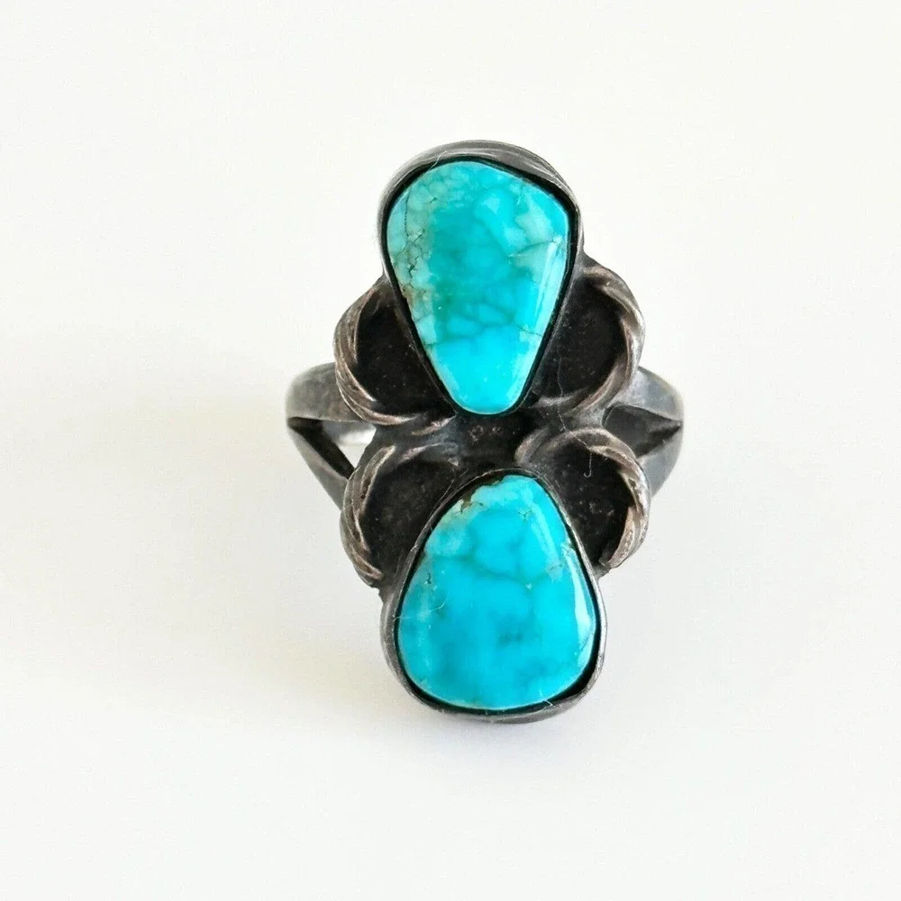 Vintage 925 Sterling Silver Turquoise Oxidized Darkened Band Ring Size 5.5